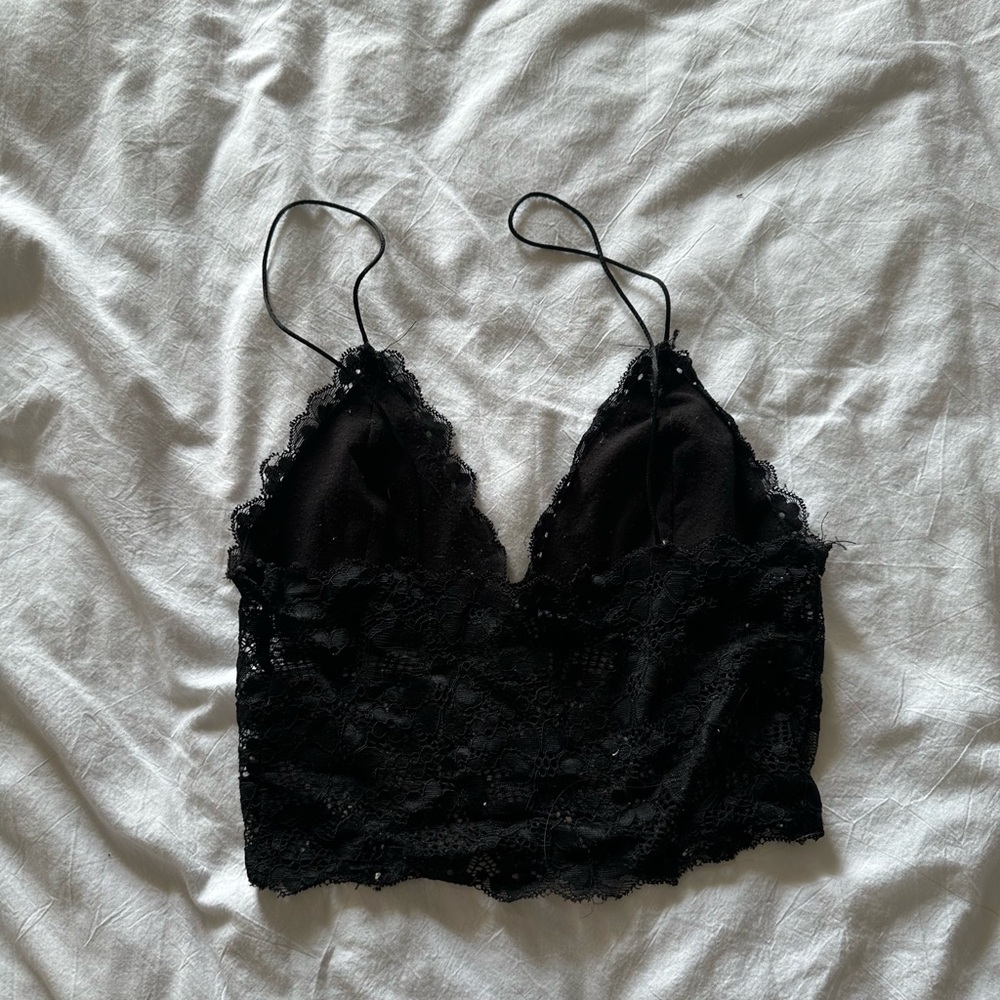 Floral Skinny Strap Lace Triangle Bralette Top Crop Tank in black - Picture 2 of 2